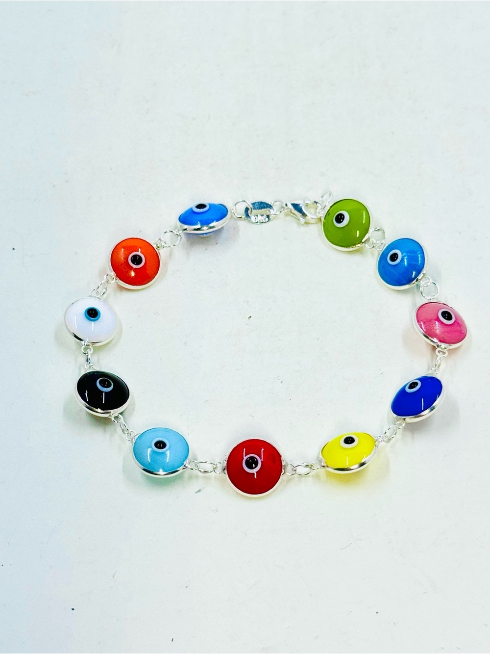 Sterling Silver Enamel Multicolor Evil Eye Of Protection Bracelet 7” NWOT